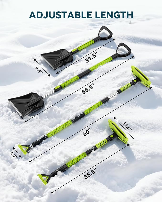 Upgraded 60'' Snow Brush & Snow Shovel with 2 Ice Scrapers, Extendable Snow Brush for Car Windshield with Squeegee, 4-in-1 Detachable Winter Snow Remover for Cars, SUVs, Trucks