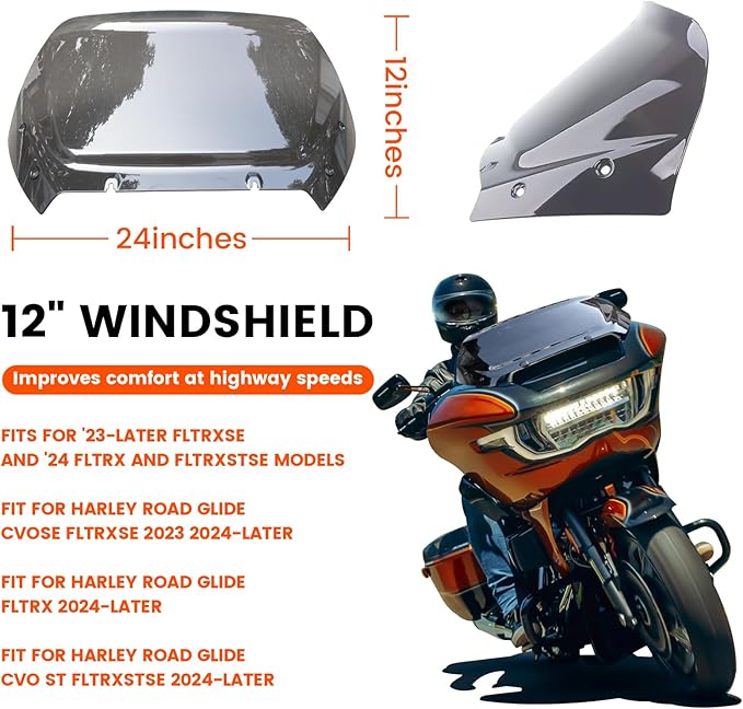 Compatible with 2023 2024 Road Glide Windshield 12" Windscreen for Harley road glide CVO/SE FLTRXSE 2023 2024 FLTRX 2024 CVO ST FLTRXSTSE 2024,Smoke