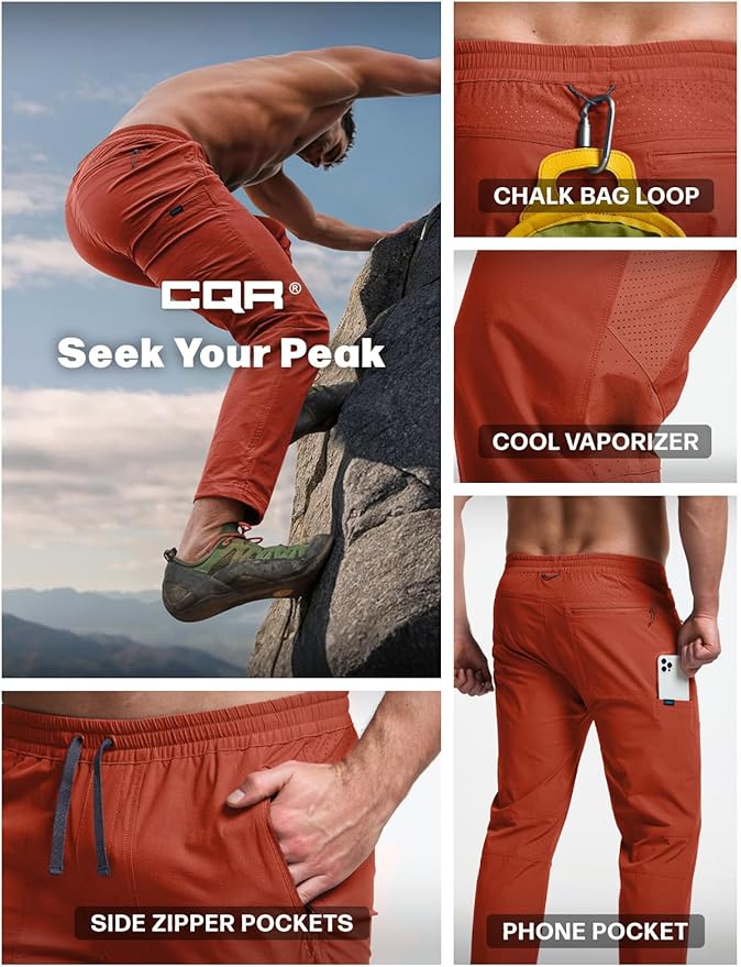 CQR Men's Lightweight Vent Hiking Pants, Water-Resistant & Breathable Sports Outdoor Athletic Pants with Elastic Waist
