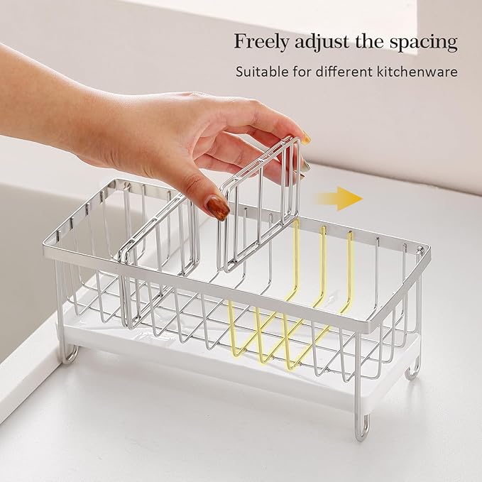 Silver Sponge Holder for Kitchen Sink, Sink Caddy Organizer with High Brush Holder, Kitchen Countertop Organizers and Storage Essentials, Rustproof 304 Stainless Steel, Soap Dispenser Organize