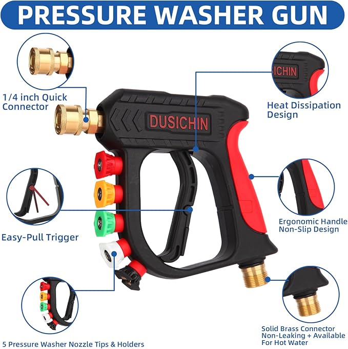 DUSICHIN Pressure Washer Short Wand High Power Spray Gun 5 Nozzle Tips Car Wash Foam Gun Foam Cannon Attachment 1/4" Quick Connector Outlet,3/8'' M22-14mm M22-15mm Fitting,Not Use with Garden Hose