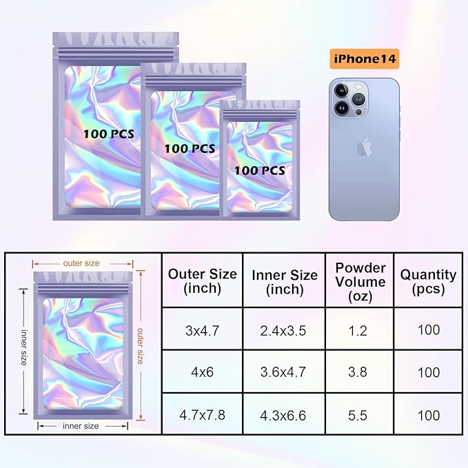 300 Pcs Holographic Mylar Bags, 3 Size Smell Proof Bags with Clear Window Foil Pouch Bags Resealable Bags for Small Business and Food Storage, Purple