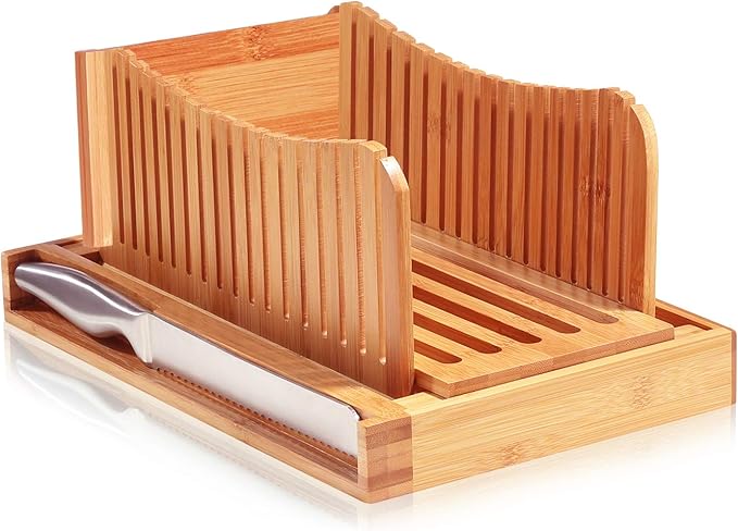 Bread Slicer for Homemade Bread - Adjustable Bamboo Bread Cutter with Knife, Foldable Slicing Guide & Crumb Tray - Bread Loaf Slicer for Sourdough, Cakes, Bagels, Loaves - Kitchen Baking Tool & Gift