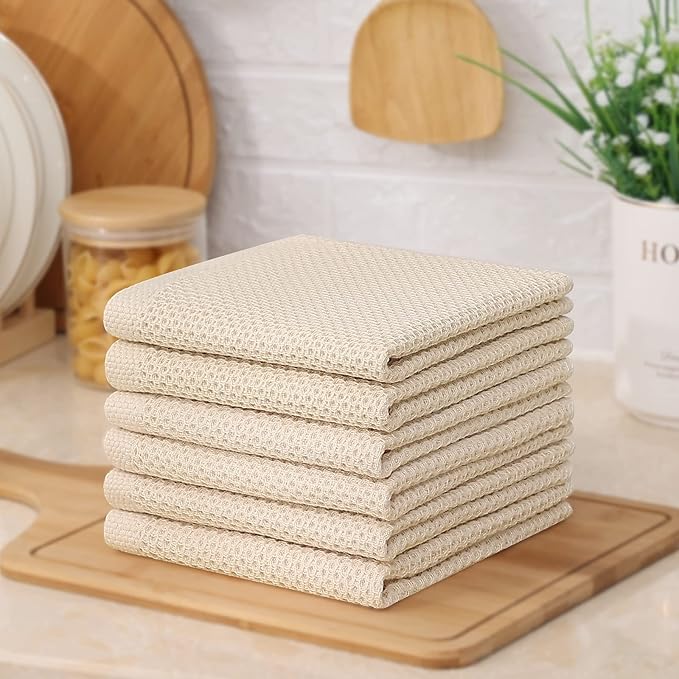 Kitinjoy 100% Cotton Kitchen Dish Cloths, 6-Pack Waffle Weave Dish Towels for Drying Dishes Super Soft Absorbent Quick Drying Dish Rags, 12 X 12 Inches, Beige