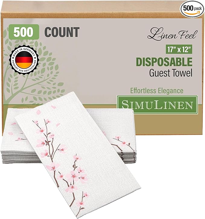 SimuLinen Cherry Blossom Disposable Guest Towels - Cloth-Like, Single-Use, Linen Feel Paper Towels, 12x17", 500ct (Made in Germany)