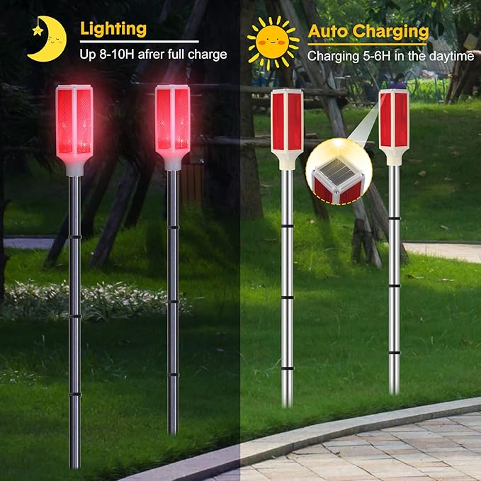 Macarrie 6 Pcs Solar Powered Driveway Markers Reflector Lights Landscape Driveway Reflectors on Poles for Snow Road Outdoor Yard(37 Inch,Red)