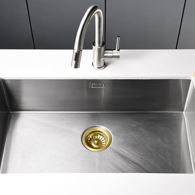 Black/Gold/Chrome Kitchen Sink Drain Assembly Replacement Kit,for Standard 3-1/2 Inch Kitchen Sinks,with Removable Basket Strainers Stopper Plug, with 1-1/2 Lock Nuts,Nicmondo (Gold)