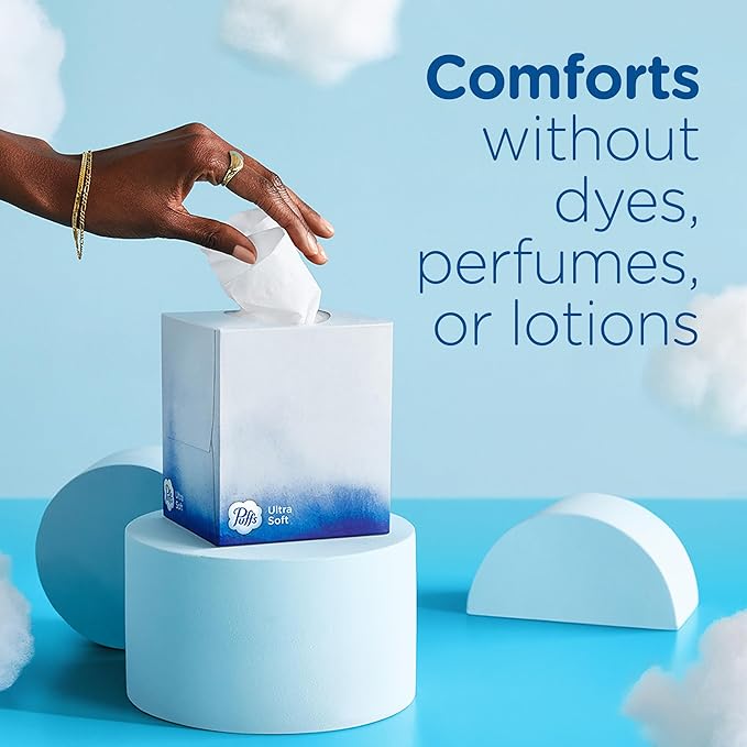 Puffs Ultra Soft Facial Tissues, 4 Family Size Boxes, 124 Facial Tissues Per Box (Pack of 2)