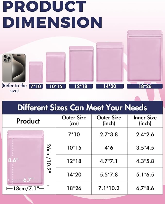 FireKylin 100 Pack Resealable Packaging Bags for Small Business Double-Sided Color Smell Proof Bags for Food Storage Flat Bags (Pink, 7.1" x 10.2")