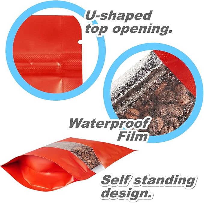 60 Pack Stand up Matte Metallic Storage Bags with Clear Front Window Heat-Sealable Resealable Solid Color Pouches for Food Storage Containers Organizer(Red,5.5 * 7.9 inch,Pack of 60)