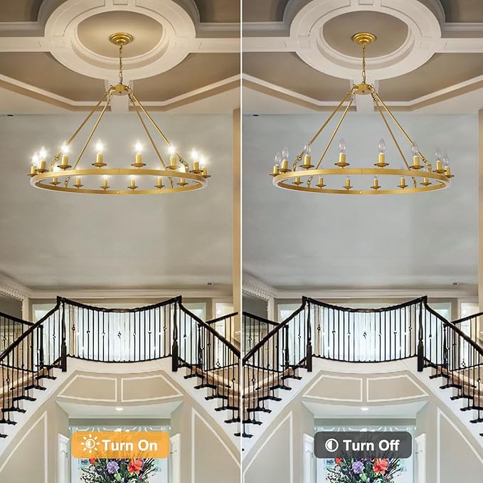 Wagon Wheel Chandelier, 16-Light Gold Modern Rustic Large Farmhouse Chandelier Adjustable Height Light for Ceiling Living Room, Entryways, Foyer, Dining Room, Kitchen