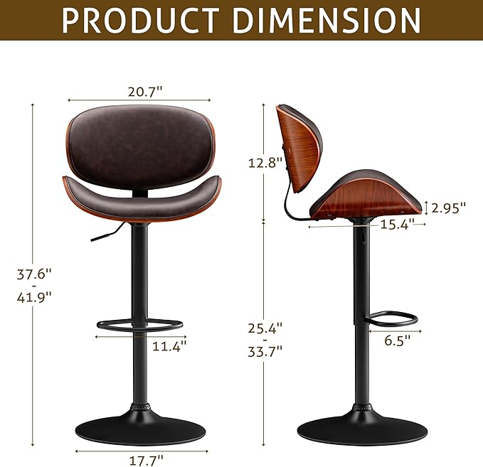 Bar Stools Set of 4 Adjustable Swivel Bentwood Barstools PU Leather Modern Bar Chairs with Back & Footrest for Bar, Kitchen Island, Dining Room (Brown, Set of 4)