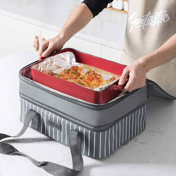Fun Elements Casserole Carrier, Expandable Insulated Casserole Carriers for Hot or Cold Food, Lasagna Lugger for Parties, Fits 9" x 13" Baking Dish, Grey