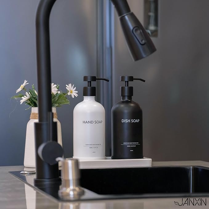 Kitchen Soap Dispenser Set with Non-Slip Protective Silicone Pad,Hand Soap Dispenser for Kitchen and Bathroom Decor, White and Black Kitchen Accessories (White Bottles+Black Bottles)