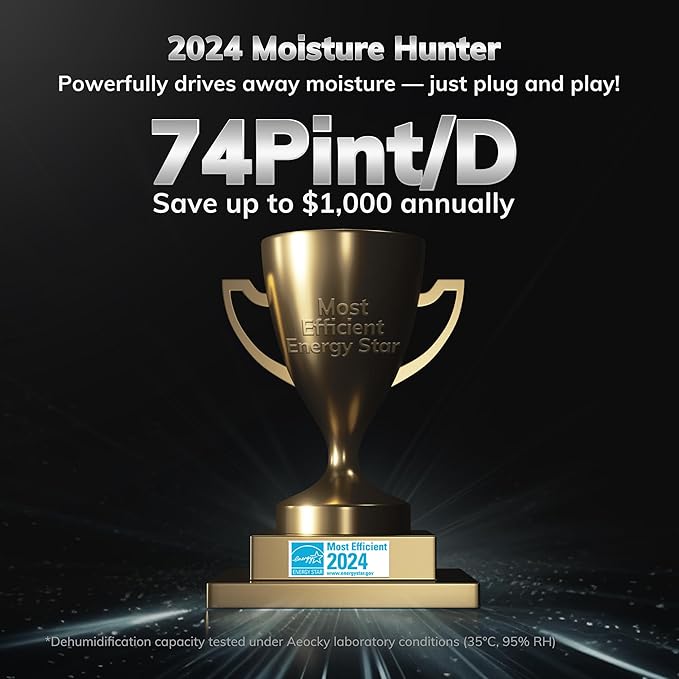 4500 Sq.Ft Most Efficient Energy Star 2024 Dehumidifier,AEOCKY Max 74 Pint/D(Standard 52Pint/D) Smart Compressor Dehumidifier with Drain Hose, Intelligent Humidistat,for Basement,Bedroom,Home,Bathroom