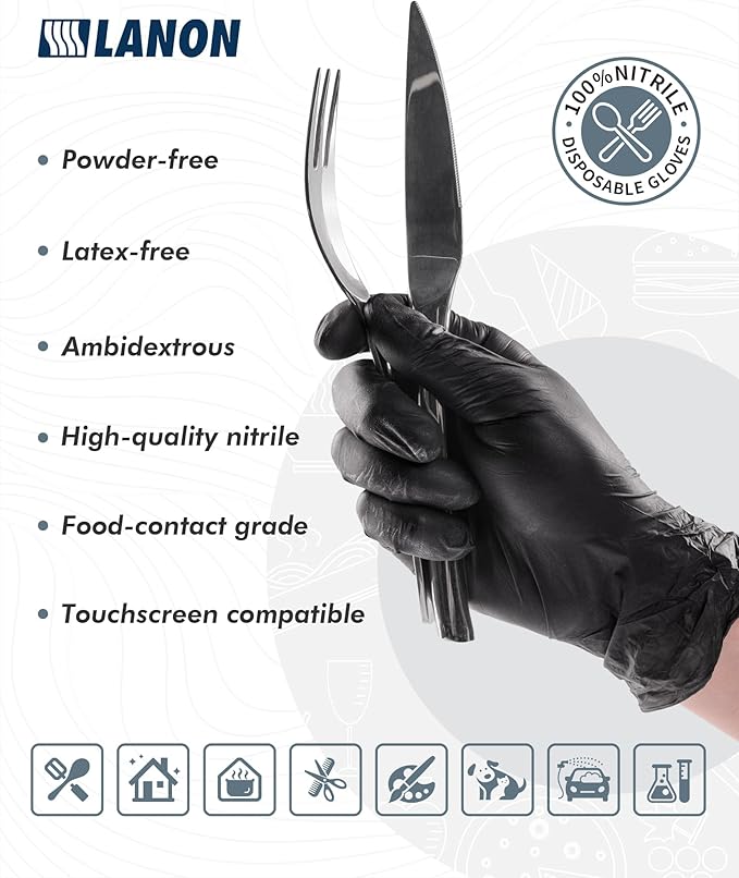 LANON Protection Food Safe Disposable Nitrile Gloves, Latex-Free, Powder-Free, Silicone-Free, Textured Fingertips, Cooking, Black,Small