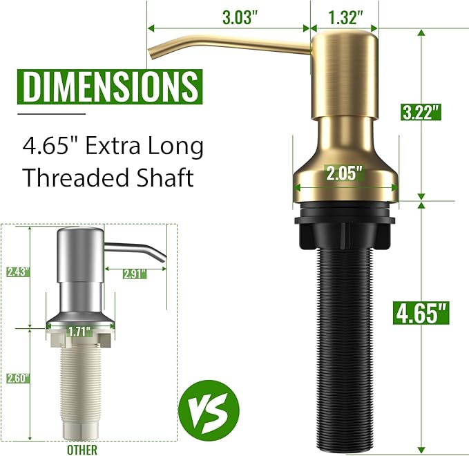Soap Dispenser for Kitchen Sink, Kitchen Sink Soap Dispenser with 17 OZ Bottle, Refill from The Top Bar, Longer Threaded Shaft Shank, Wide Pump Head Base (Golden)