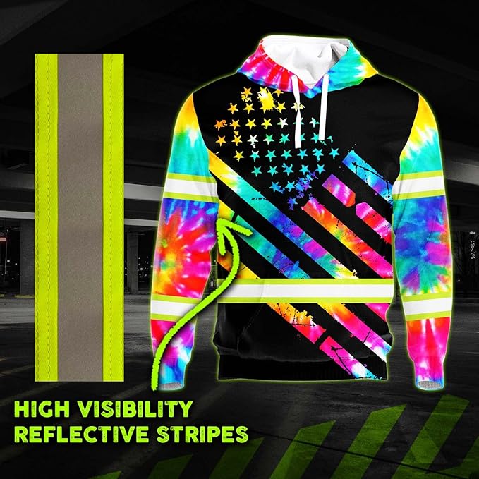 Color US Flag High Visibility Hoodie for Men Women Reflective Tapes Safety Workwear for Worker Runner Patriotic