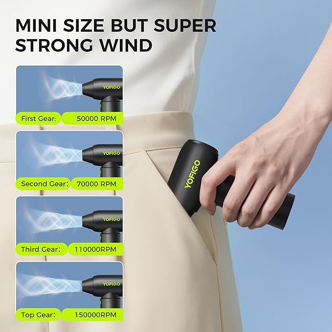 Compressed Air Duster, YOFIGO Electric Air Duster PC & Keyboard Cleaning Kit, 150000RPM Rechargeable 4-Speed Dust Mover for Car, Mini Metal Handheld Air Blower Replaces Compressed Air Can