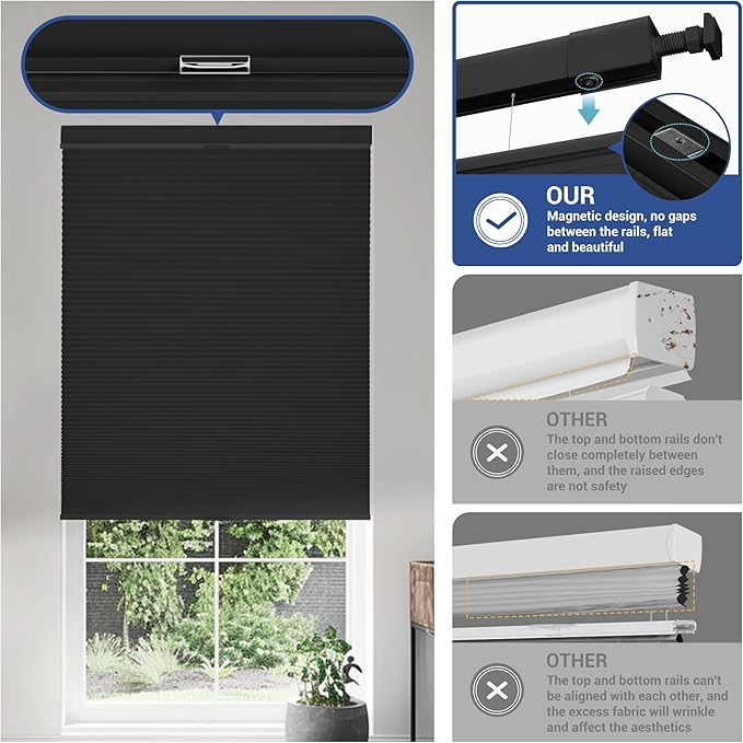 No Drill No Tools Cellular Shades Top Down Bottom Up Blackout Blinds for Windows Cordless Honeycomb Window Shades Easy to Install for Home,Blackout-Black,33.5" W x 64" H