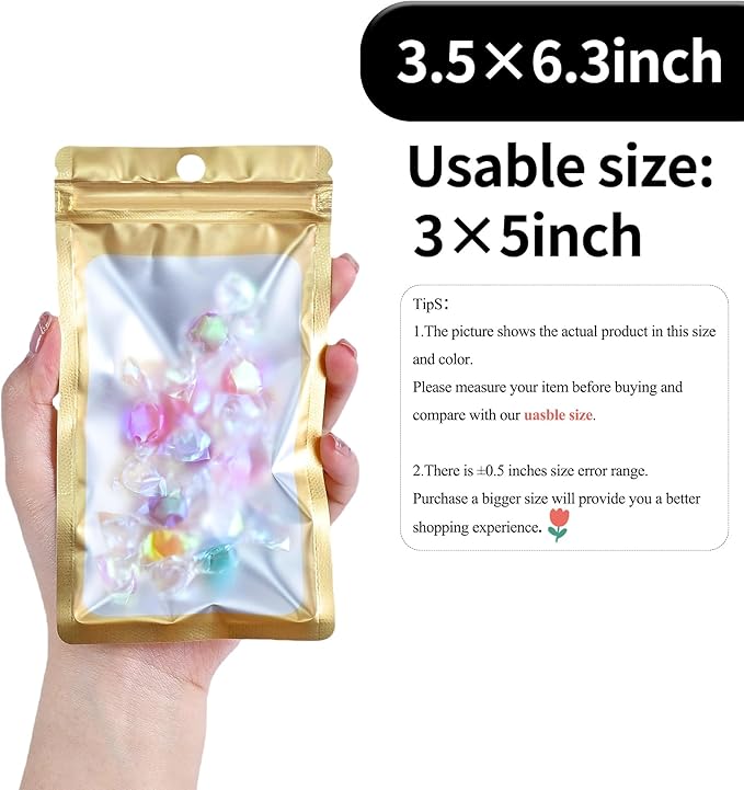 100 Pack Resealable Plastic Bags for Food Storage, Zipper Bags with Clear Front Window, Packaging Pouch for Small Business (Gold, 3.5x6.3 inch)