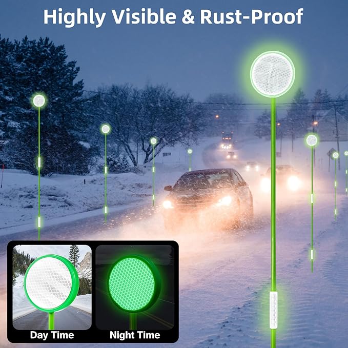 12Pcs Driveway Markers - Glow-in-The-Dark Lane Recognition Reflectors, 49.5Inch Fiberglass Pole Double Sided Reflectors for Driveway, Reflective Markers for Snow Plowing