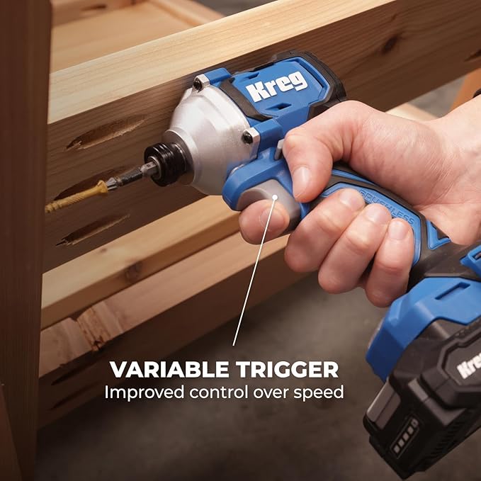 Kreg 20V Ionic Drive 1/4" Compact Impact Driver, 20V Blue Ion Charger & Blue Ion 2Ah Battery Pack - Compact, Cordless Driver with 2,200 in-lbs of Torque - 20V Variable Speed - LED Light - KPTBDV025A