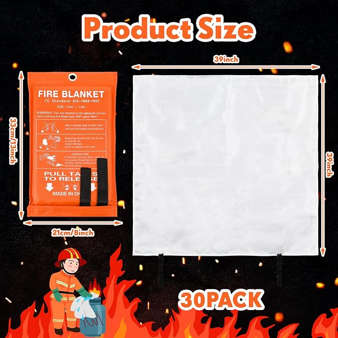 Macarrie 30 Pack 39” x 39” Fire Blanket Emergency for Home and Kitchen Safety Suppression Blanket Fiberglass Fireproof Survival for Fireplace Car Office Camping (Orange)