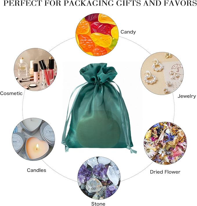 QIANF 20 Pcs Dark Green Small Organza Bags 6X9 inch for Wedding Favors with Drawstring, Mini Mesh Gift Bags Jewelry Pouch for Candy Bridal Shower Party Favor Baby Shower Christmas