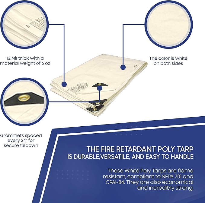 Tarps Now 12x16 Feet Fire Retardant Poly Tarp |12 MIL Heavy Duty Waterproof Cover |Rip and Tear Proof Plastic Tarp with Rustproof Aluminum Grommets & Reinforced Edges |Ideal for Camping - White