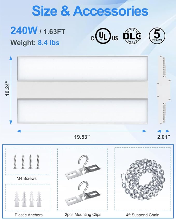 ADUB 240W LED High Bay Shop Light UL DLC Listed, 1.63 FT Linear Hanging Shop Lights Dimmable 0-10V, 36,000LM 5000K Commercial LED Warehouse High Bay Lighting for Factory Workshop Garage, AC100-277V