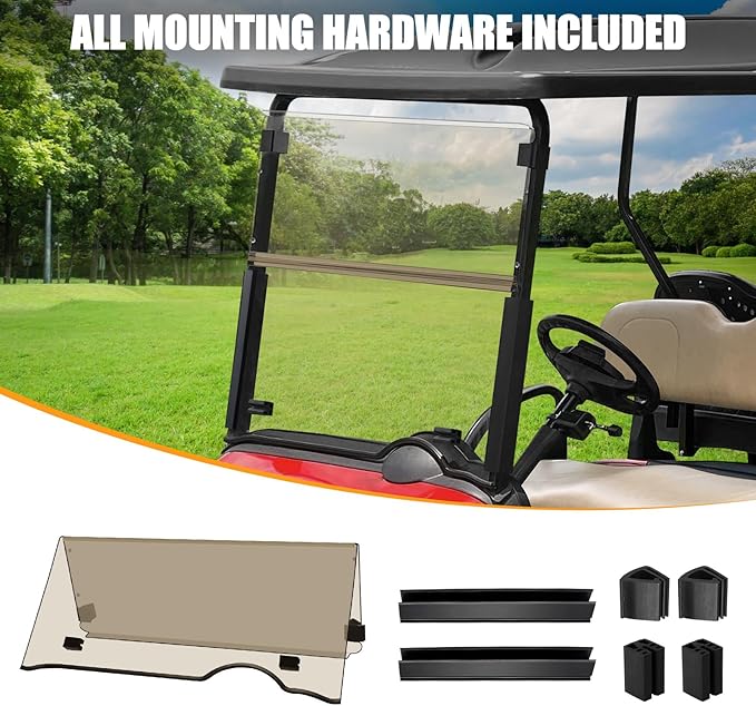 Golf Cart Foldable Windshield Fits 2008-Up EZGO RXV / Freedom RXV Only, 3/16" (5MM) Thicken Fits 1-1/4" Struts, Front Folding Windshield Replacement, Included Hardware