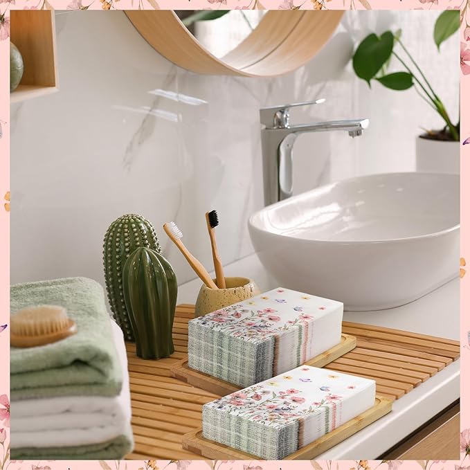 Jetec 200 Pcs Floral Disposable Hand Towels for Bathroom Spring Floral Guest Napkins 2 Ply Flowers Bathroom Guest Towel Napkins Spring Disposable Guests for Birthday Holiday Tea Dinner Party
