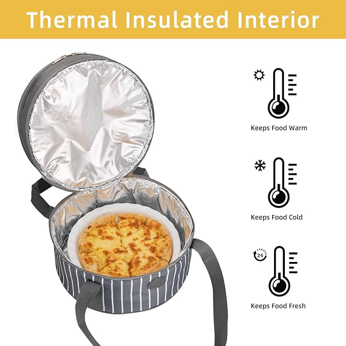 Fun Elements Insulated Casserole Carrier for Hot or Cold Food, 12.5 Inch Pie Carrier with Lid and Handle, Round Food Container for Transport, Grey