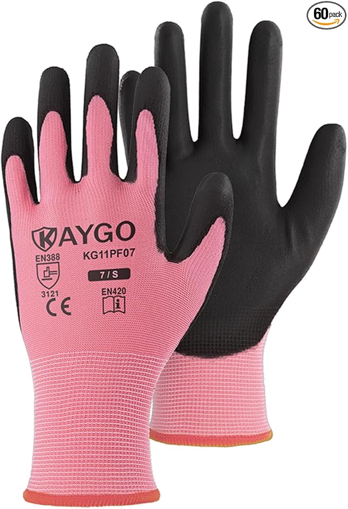 KAYGO Safety Work Gloves PU Coated-60 Pairs, KG11P Seamless Knit Glove with Polyurethane Coated Smooth Grip on Palm & Fingers, for Men and Women, Ideal for General Duty Work,Pink,Small