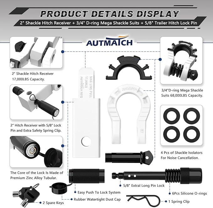 AUTMATCH Shackle Hitch Receiver 2" with 3/4" Mega D Ring Shackle and 5/8" Trailer Hitch Lock Pin, 68,000 Lbs Break Strength Heavy Duty Receiver Towing Kit for Off-Road Vehicle Recovery, White
