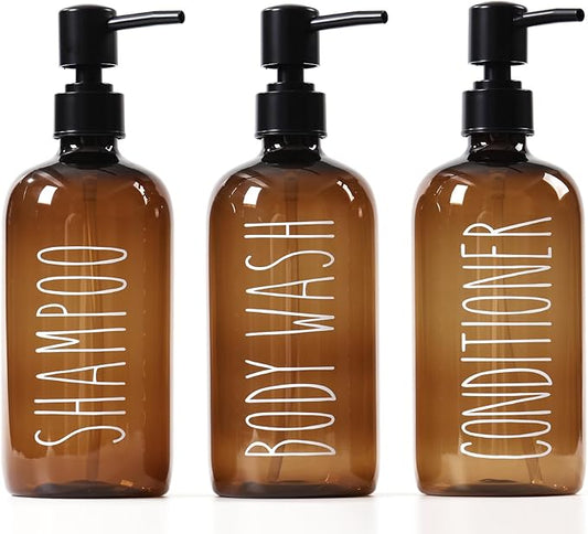HOMCDALY Shampoo and Conditioner Dispenser Set of 3, 21oz Shower Soap Bottles with Pump, Refillable Shampoo Conditioner Body Wash Dispenser, Empty Bathroom Shower Shampoo Bottles(P-Brown)