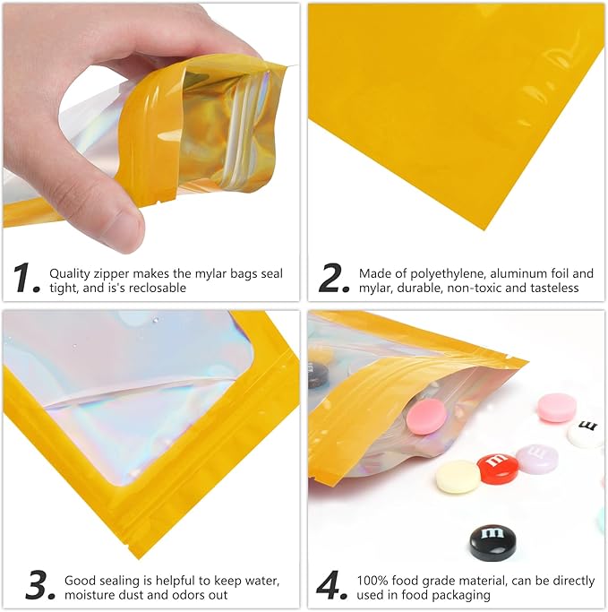 Funfery 100 pcs Gold Mylar Holographic Resealable Bags,Clear Packaging Bag Odor Proof Foil Pouch Bag for Food Storage, Lipgloss, Jewelry, Eyelash Packaging for Small Business - 2.4 x 3.9Inch