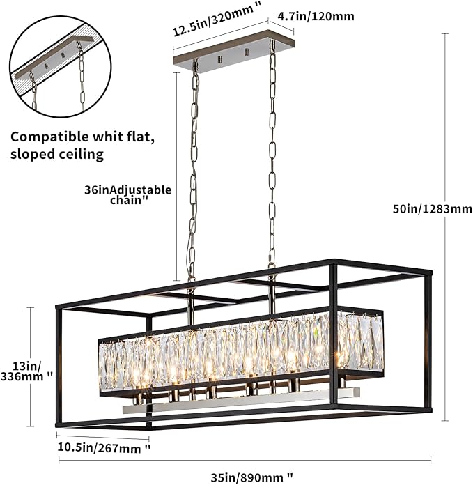35 Inch Crystal Chandelier for Dining Room Modern Rectangular Chandeliers Over Table 6 Lights Rectangle Ceiling Pendant Lighting for Kitchen Island