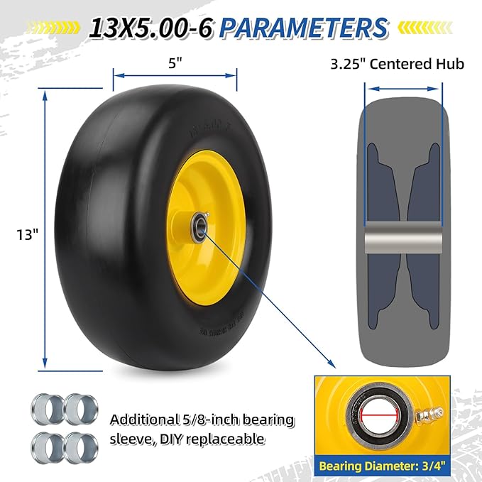 13x5.00-6 Flat Free Lawn Mower Tire and Wheel, Smooth Tread Tire for Lawnmower, Bearing Bore Hole 3/4" & 5/8, 3.25"-5.9" Centered Hub, 2 PCS