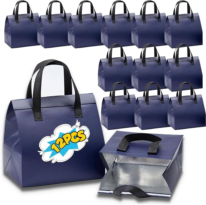 12 Pcs Insulated Take Away Bags, Disposable Lunch Bags For Food Takeaways, Coffee, Milk Tea, Seafood, Pizza, For Restaurants And Grocery Shops 9.5 x 6 x 10 In (Navy Blue)