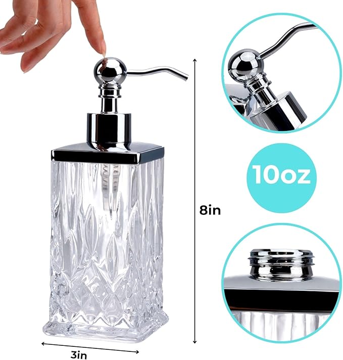 10Oz Clear Glass Soap Dispenser,Handcrafted Lead-Free Glass,Hand Sanitizer Dispenser with Silver Pump for Kitchen and Bathroom,Elegant Bathroom Decor(Square)