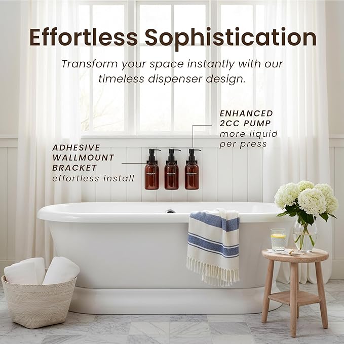 MaisoNovo Shampoo and Conditioner Dispenser - Shower Soap Dispenser Wall Mounted - 16.9 fl oz Set of 3 Amber Plastic Bottles Black Pump - 3 Chamber No Drill