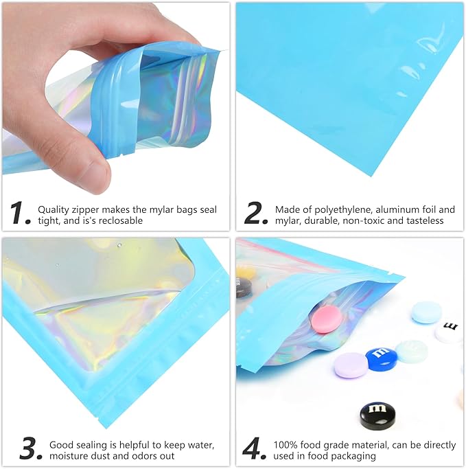 Funfery 100 pcs Blue Smell Proof Mylar Holographic Bags - Clear Resealable Odor Proof Foil Pouch Bag for Food Storage, Lipgloss, Jewelry, Eyelash Packaging - Small Business (3x4.7In)