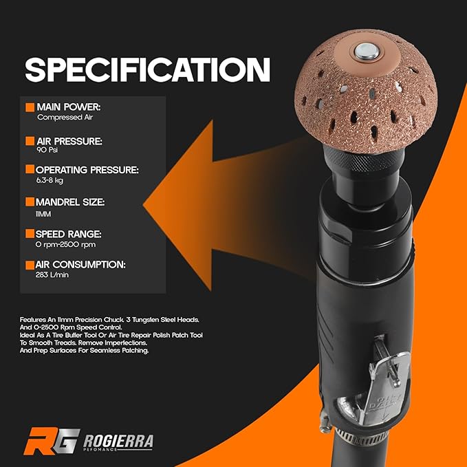 Air Tire Repair Polish Patch Tools - 2500RPM Low-Speed Buffer with Tungsten Carbide Wheel, Inner Liner Scraper & Patch Roller | Complete Polish & Patch Tool Set for Air Tires