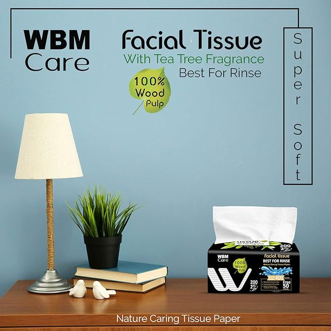 WBM Care Professional Facial Tissue with Tea Tree Fragrance, Pack of 10 Boxes per Case, 200 Sheets per Box, for a Total of 2,000 Soft and Refreshing Tissues
