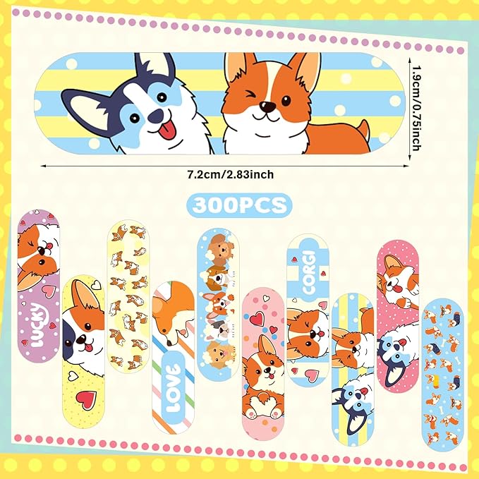 Patelai 300 Pieces Kids Bandages Bulk 10 Styles Children's Adhesive Flexible Colorful Cute Cartoon Bandages Waterproof Breathable Stickers Protection Care Cuts for Girls Boys(Dog)