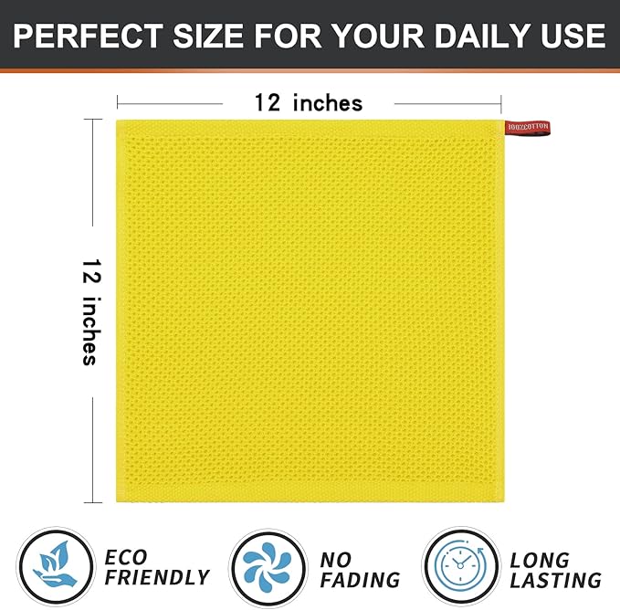Kitinjoy 100% Cotton Kitchen Dish Cloths, 6 Pack Waffle Weave Ultra Soft Absorbent Dish Towels for Drying Dishes Quick Drying Kitchen Towels Dish Rags, 12 X 12 Inches, Yellow