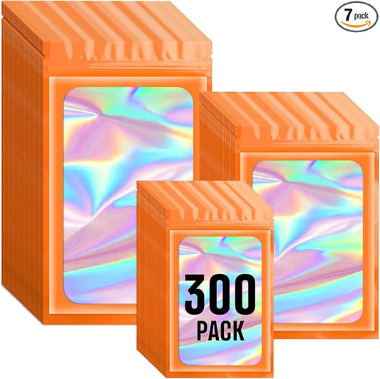 Funfery 300 Pack 3 Size Mylar Holographic Bags with Clear Window,Resealable Bag Smell Proof Foil Baggies Packaging Pouch for Food Storage,Sample,Small Business(Orange,3x4.7,4x6,4.7x7.9in)