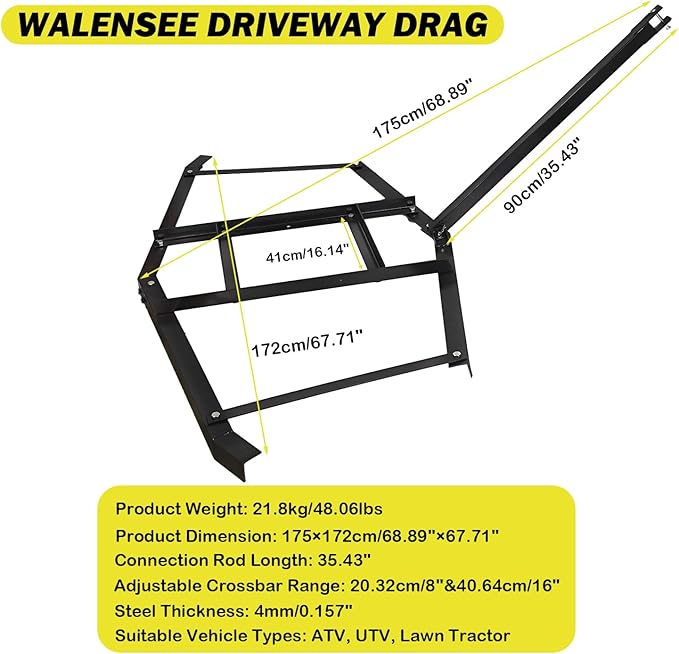 Driveway Drag, 66" Heavy Duty Steel Driveway Drag Harrow with Pin-Style Hitch, Tow Behind Grader for ATV, UTV, Garden Lawn Tractors – Adjustable Bars for Efficient Driveway and Lawn Maintenance